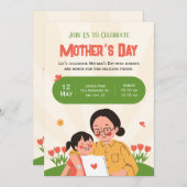 緑と赤のイラスト入り母の日招待状 招待状 (正面/裏面)
