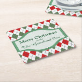 緑と赤のクアーガイルリスマパーソナライズされたス スクエアペーパーコースター (アングル)