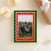 緑と赤のクラシッククリスマススカロップ写真 箔シーズンカード