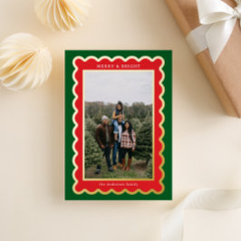 緑と赤のクラシッククリスマススカロップ写真 箔シーズンカード