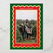 緑と赤のクラシッククリスマススカロップ写真 箔シーズンカード (正面)