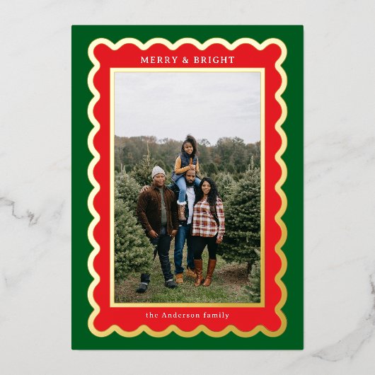緑と赤のクラシッククリスマススカロップ写真 箔シーズンカード (正面)