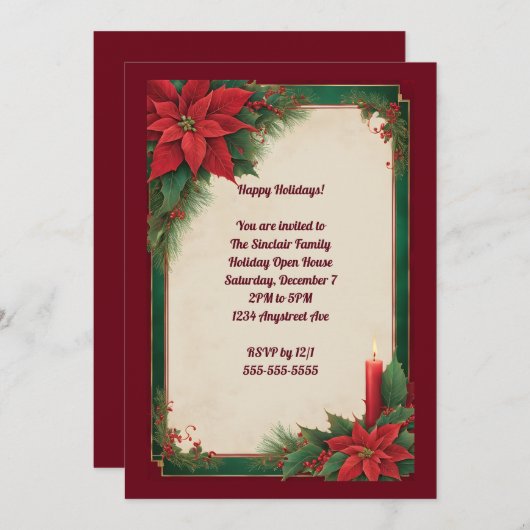 緑と赤のクリスマスのポインセチアパーティー 招待状 (正面/裏面)