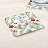 緑と赤のクリスマスパターン – ペーパーコースター (アングル)