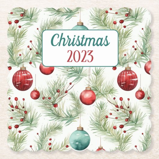 緑と赤のクリスマスパターン – ペーパーコースター (正面)