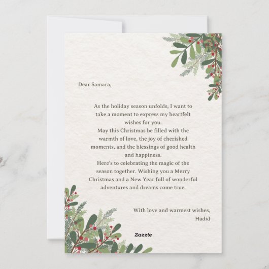 緑と赤のクリスマスフラワーグリーティングカード シーズンカード (裏面)