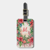 緑と赤のクリスマスポインセチアリースモノグラム ラゲッジタグ (正面縦)