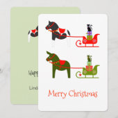 緑と赤のスレイに乗ったウマ、ラバ、ネコ シーズンカード (正面/裏面)