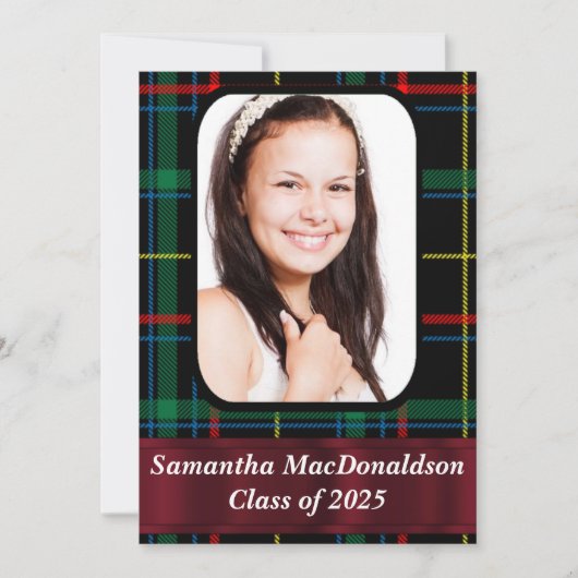 緑と赤のタータンチェック写真卒業 招待状 (正面)