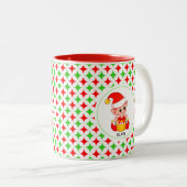  緑と赤のダイヤモンド星柄にキュートなエルフ ツートーンマグカップ (正面右)