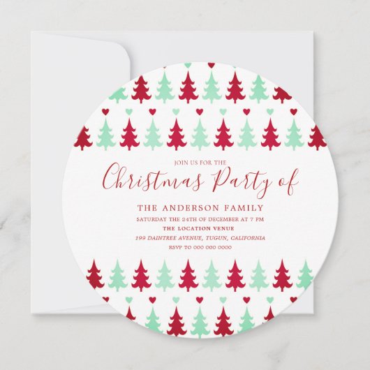 緑と赤のツリーパターンクリスマスパーティー円 招待状 (正面)