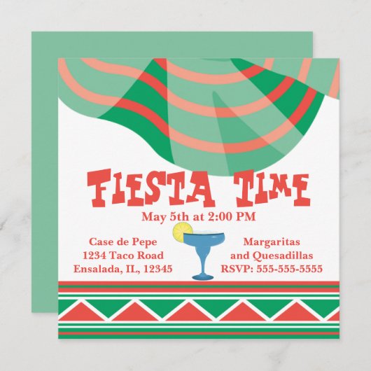 緑と赤のフィエスタパーティーとマルガリータ 招待状 (正面/裏面)