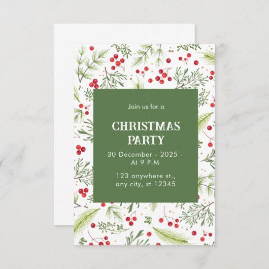 緑と赤のフローラ松とメリークリスマス 招待状 (正面/裏面)