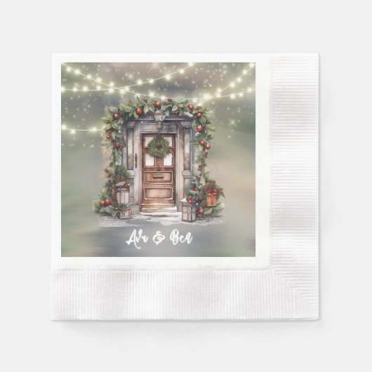 緑と赤のベリーライトド飾アードクリスマス 縁ありカクテルナプキン (正面)