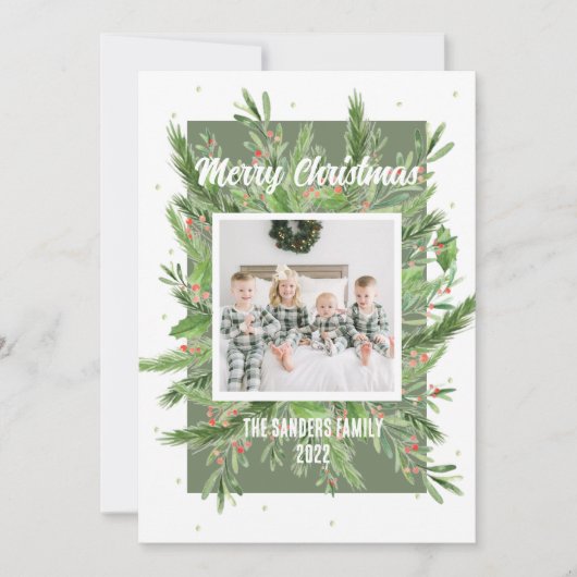 緑と赤のホリーソフトと軽いクリスマスカード シーズンカード (正面)