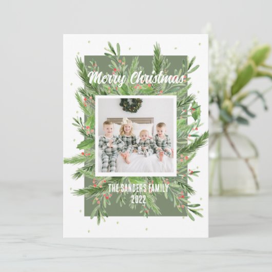 緑と赤のホリーソフトと軽いクリスマスカード シーズンカード (スタンド正面)