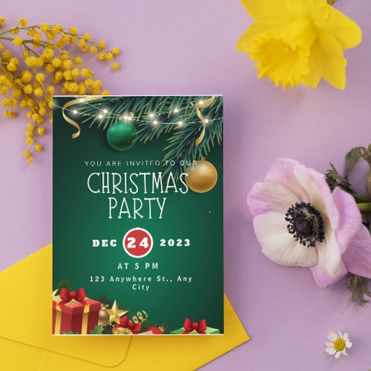 緑と赤のモダンなクリスマスパーティーの招待状 シーズンカード