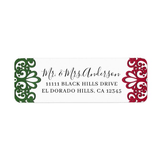 緑と赤のレースがエレガントなフィエスタ ウェディング ラベル (正面)