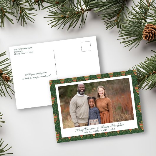 緑と赤のヴィンテージオーナメントホリデーフォト シーズンポストカード