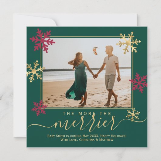 緑と赤の写真クリスマス妊娠 案内状 (正面)