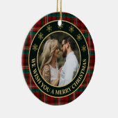 緑と赤の冬の格子状家族の写真クリスマス セラミックオーナメント (右)