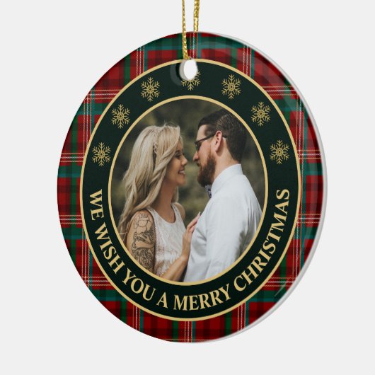 緑と赤の冬の格子状家族の写真クリスマス セラミックオーナメント (左)