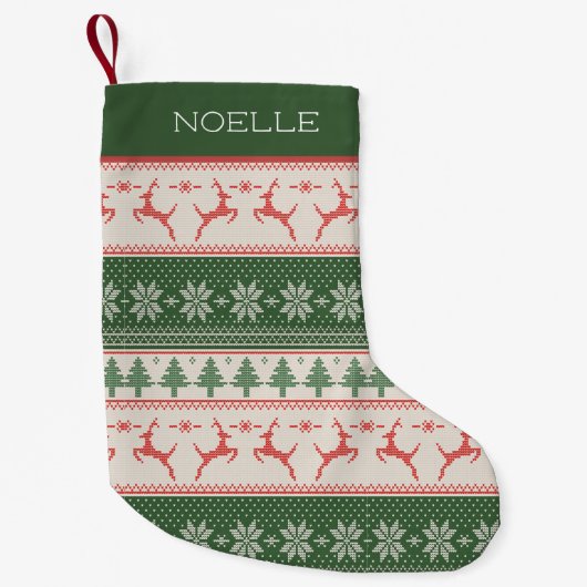 緑と赤の北欧模様モノグラム スモールクリスマスストッキング (正面)