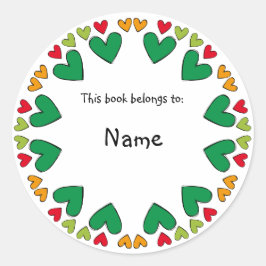 緑と赤の可愛いハートを持つ蔵書票 縁ど ラウンドシール