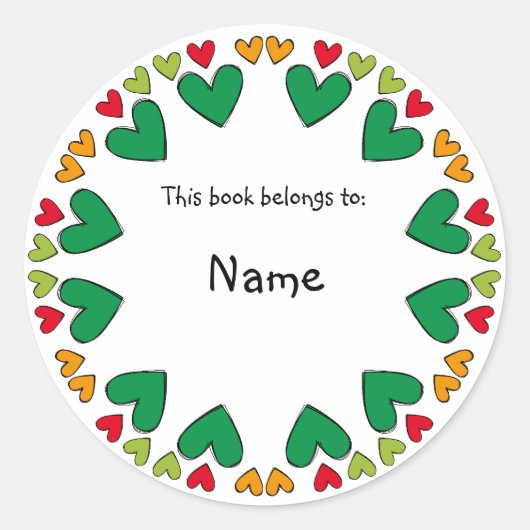 緑と赤の可愛いハートを持つ蔵書票 縁ど ラウンドシール (正面)
