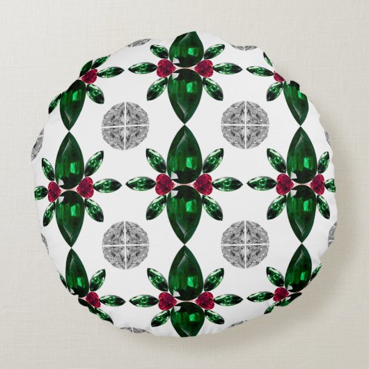 緑と赤の宝石のパターン枕 ラウンドクッション (裏面)