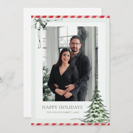 緑と赤の家族の写真クリスマス シーズンカード (正面/裏面)