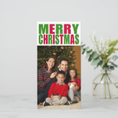 緑と赤の文字メリークリスマスフォト シーズンカード (スタンド正面)