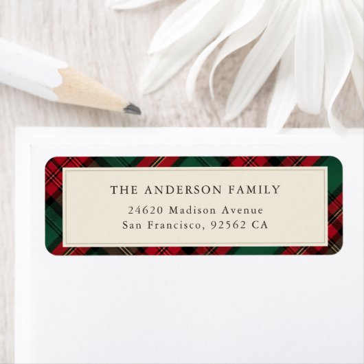 緑と赤の格子模様エレガントのクリスマスの住所 ラベル (インサイチュ)