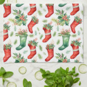 緑と赤の水の色のクリスマスストッキング キッチンタオル (折り畳み)