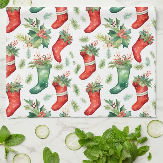 緑と赤の水の色のクリスマスストッキング キッチンタオル (折り畳み)