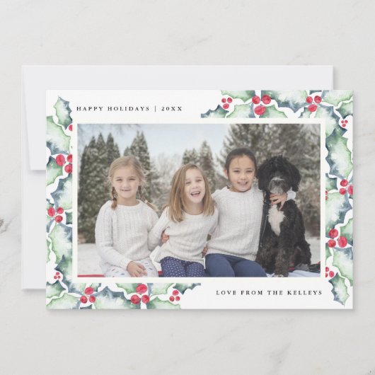緑と赤の水の色ホリー、ホリデーフォトカード シーズンカード