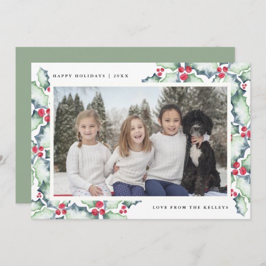 緑と赤の水の色ホリー、ホリデーフォトカード シーズンカード (正面/裏面)