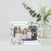 緑と赤の水彩のホリー、ホリデーフォト ポストカード (スタンド正面)