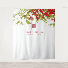 緑と赤の竹葉の中国の結婚背景 タペストリー