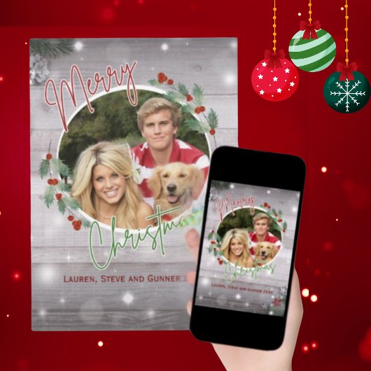 緑と赤の素朴クリスマスフォトグリーティングカード シーズンカード