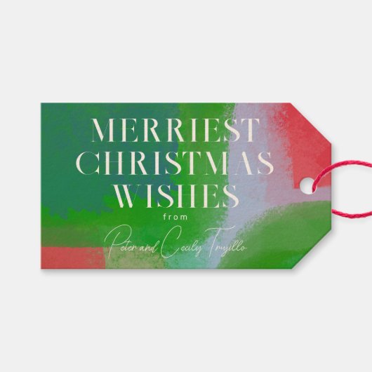 緑と赤の芸術的な絵を描抽象芸術クリスマス ギフトタグ (正面(横))