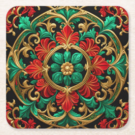 緑と赤の装飾的なホリデーペーパコースター スクエアペーパーコースター