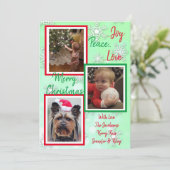 緑と赤の雪片ファミリー写真クリスマス 招待状 (スタンド正面)