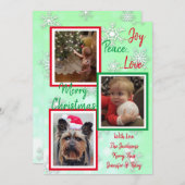 緑と赤の雪片ファミリー写真クリスマス 招待状 (正面/裏面)