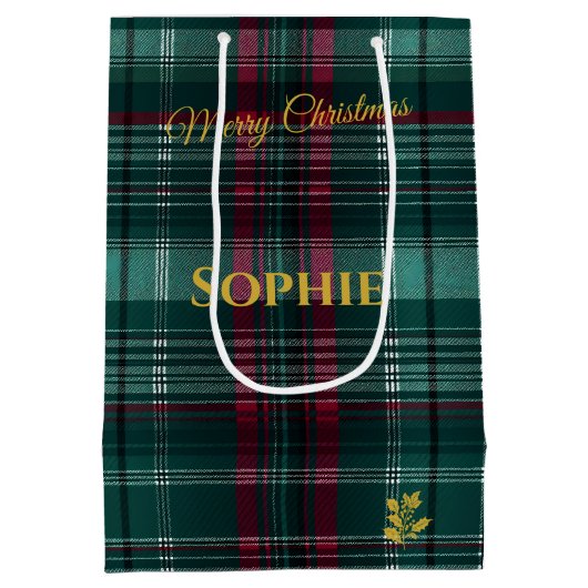 緑と赤パーソナライズされたの格子模様のクリスマス ミディアムペーパーバッグ (裏面)