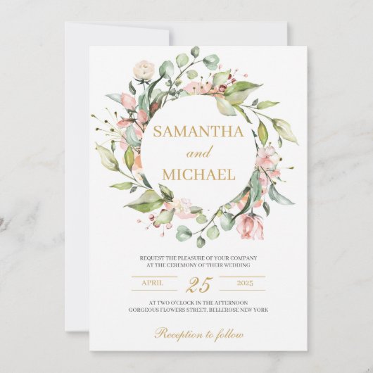 緑と赤面ピンクのフローラボホ金ゴールド結婚ズ 招待状 (正面)