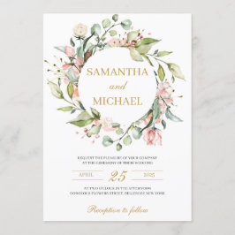 緑と赤面ピンクのフローラボホ金ゴールド結婚ズ 招待状