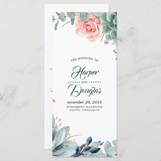 緑と赤面ピンクの花の結婚式 プログラム (正面/裏面)