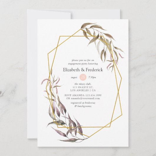 緑と赤面ピンクフローラ婚約パーティ 招待状 (正面)