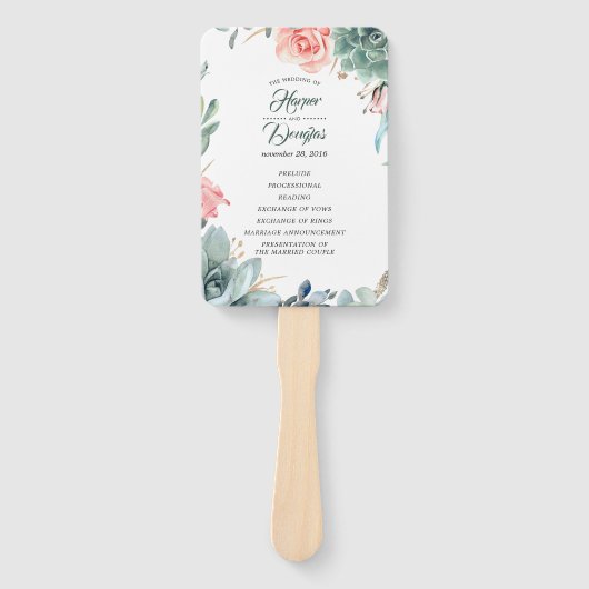 緑と赤面ピンクローズ結婚式 プログラム ハンドファン (正面)